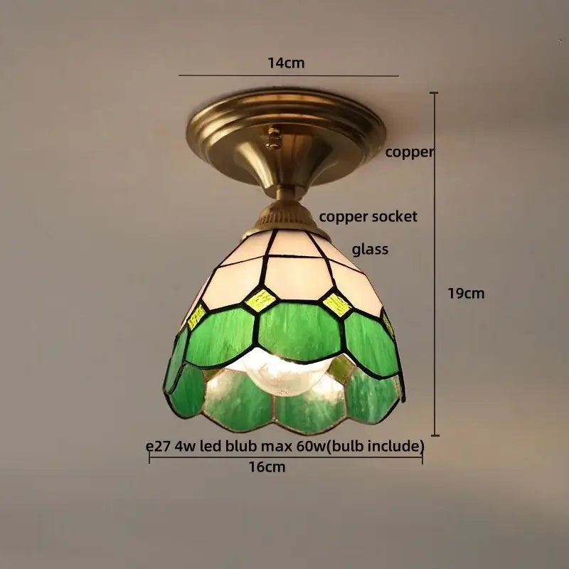 Vintage tiffany stained glass led ceiling lamp with green cream glass and copper hardware brass fixture for bedroom