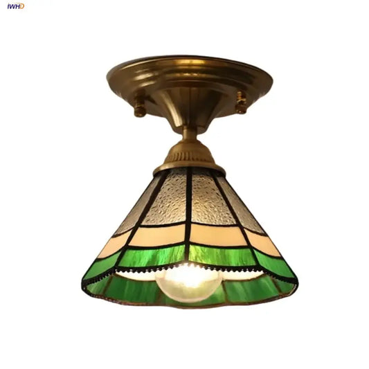 Vintage tiffany stained glass led ceiling lamp with brass fixture and green beige textured shade for bedroom lighting