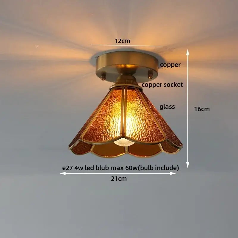 Vintage tiffany stained glass led ceiling lamp with warm amber textured glass and copper-finished metal base