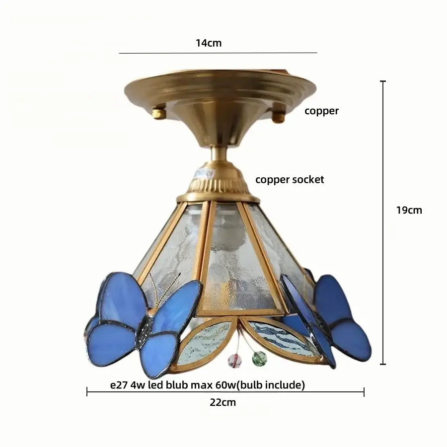 Vintage tiffany stained glass led ceiling lamp with copper frame blue butterfly motifs and frosted central section