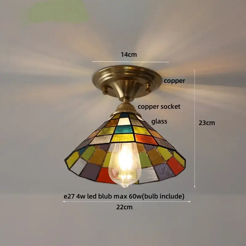 Vintage tiffany stained glass led ceiling lamp with multicolored geometric panels and copper base for bedroom use
