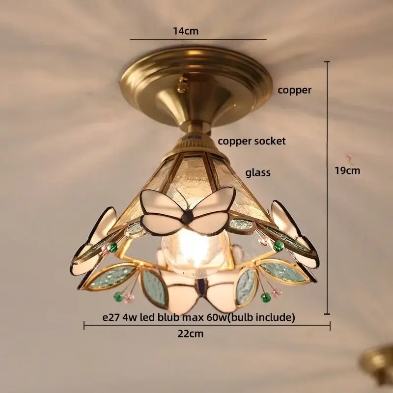 Vintage tiffany stained glass led ceiling lamp with brass finish featuring butterfly and leaf panels accented by beads