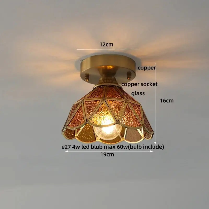 Vintage tiffany stained glass led ceiling lamp with copper frame and warm amber textured stained glass shade in brass fixture