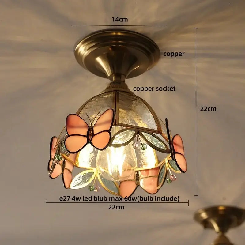Vintage tiffany stained glass led ceiling lamp with copper finish and peach green butterfly stained glass leaves design