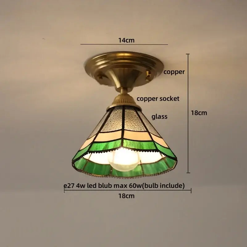 Vintage tiffany stained glass led ceiling lamp with copper base and layered green beige cream glass panels for bedroom