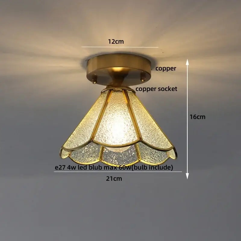 Vintage tiffany stained glass led ceiling lamp with amber-tinted textured glass shade and copper brass fixture