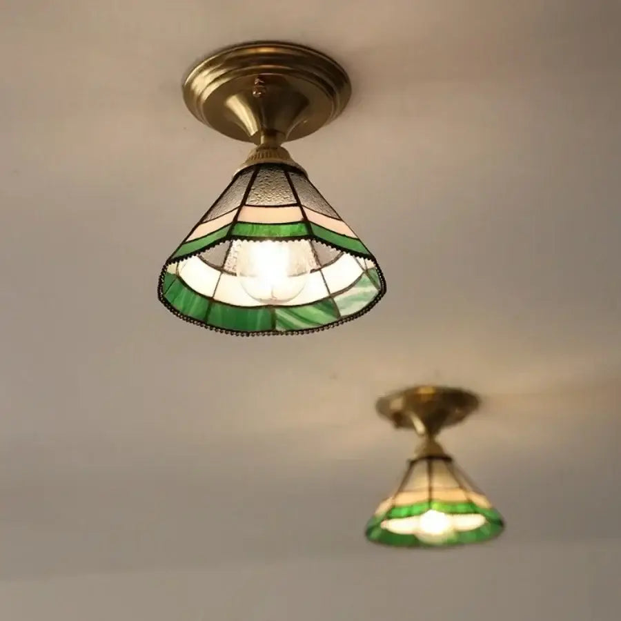 Vintage tiffany stained glass led ceiling lamp with green and cream glass and brass fixture for bedroom lighting