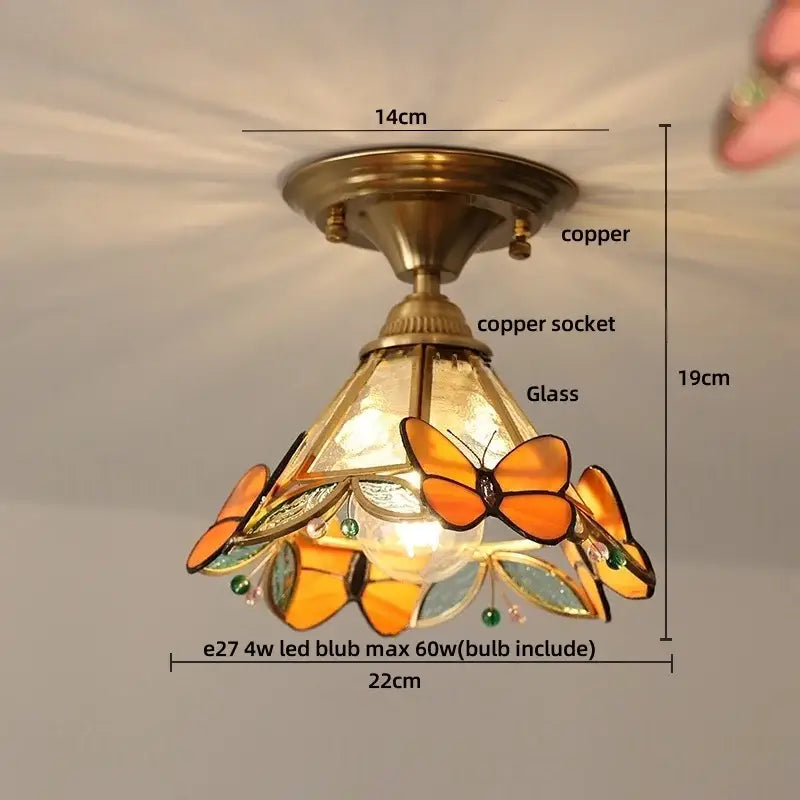 Vintage tiffany stained glass led ceiling lamp with decorative copper and stained-glass butterflies in orange yellow green hues