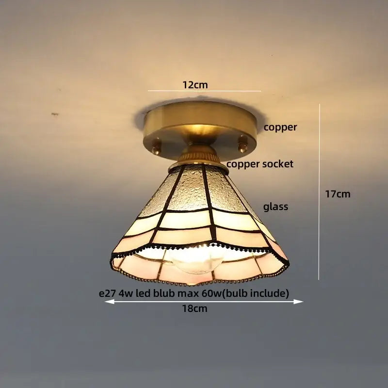 Vintage tiffany stained glass led ceiling lamp with copper base and amber glass shade for bedroom brass fixture