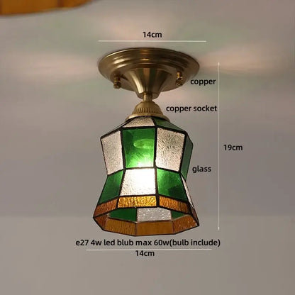 Vintage tiffany stained glass led ceiling lamp with green and white glass and copper hardware for bedroom use