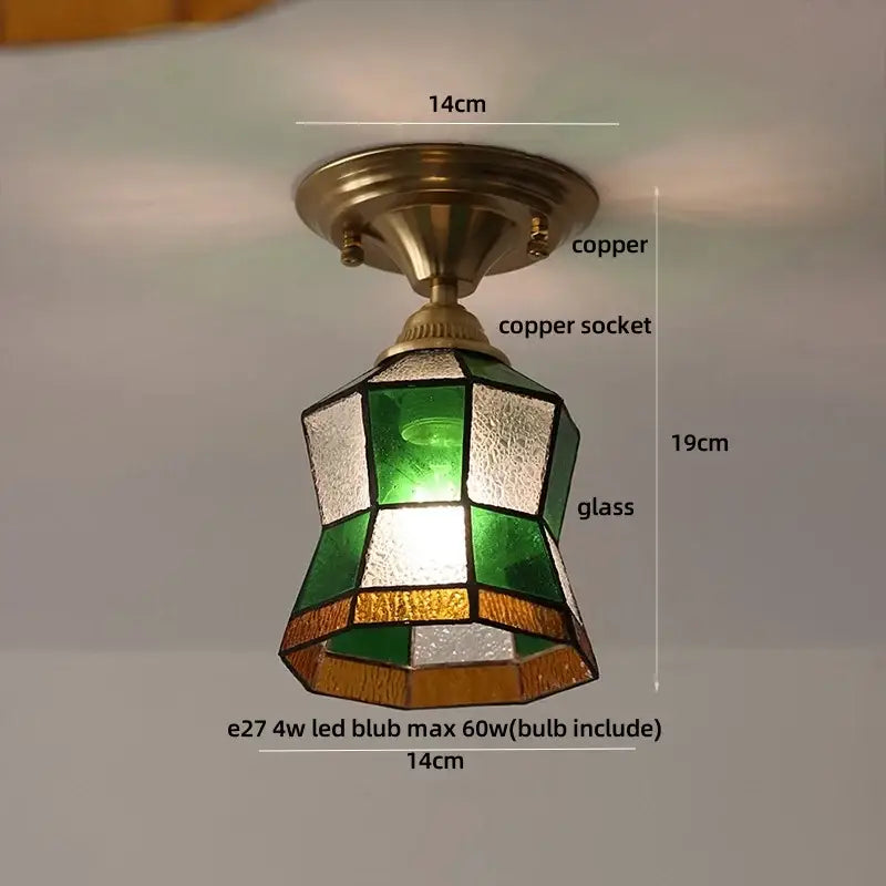 Vintage tiffany stained glass led ceiling lamp with green and white glass and copper hardware for bedroom use