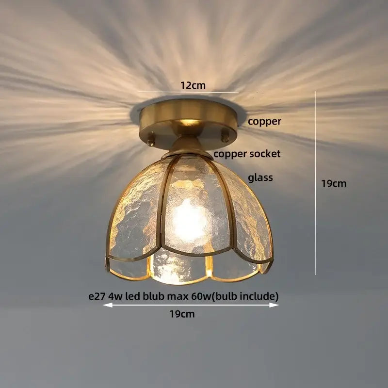 Vintage tiffany stained glass led ceiling lamp with copper and brass petal-shaped shade for bedroom lighting