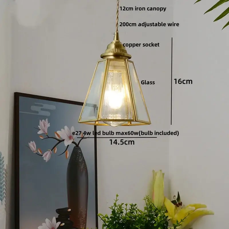Brass vintage glass pendant lamp with brass-framed geometric pyramid design and adjustable copper socket for decorbites decor