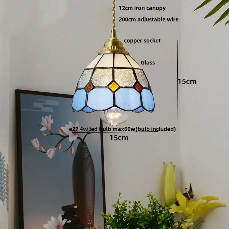 Vintage tiffany stained glass pendant lamp with brass vintage canopy copper socket and blue amber clear panels