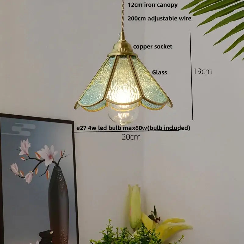 Vintage tiffany stained glass pendant lamp with brass vintage canopy and textured turquoise glass for kitchen decorbites brass vintage fixture