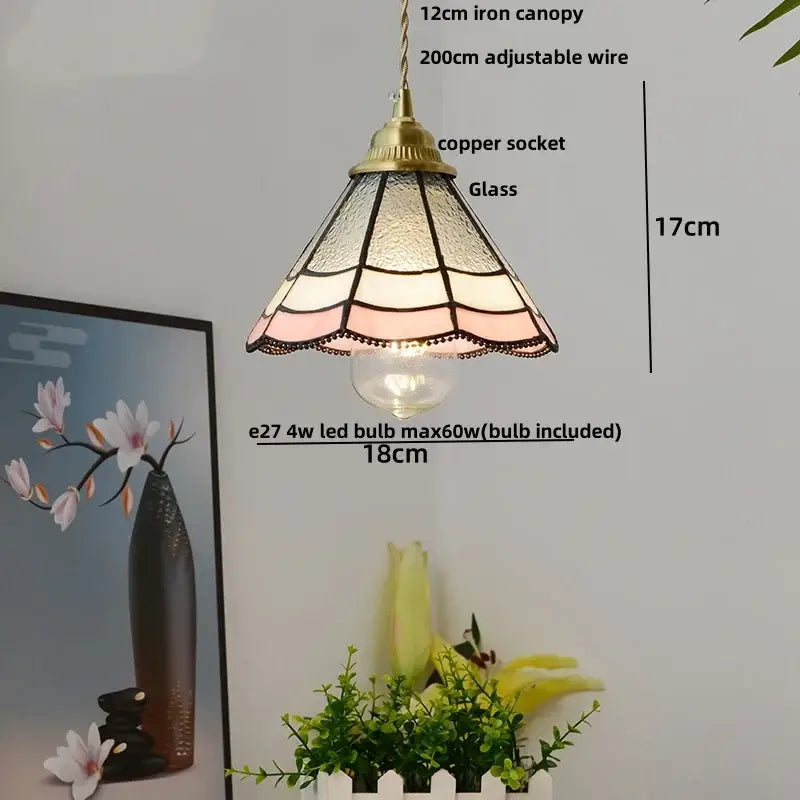 Vintage tiffany stained glass pendant lamp with brass vintage glass canopy in soft pink and white hues with led bulb