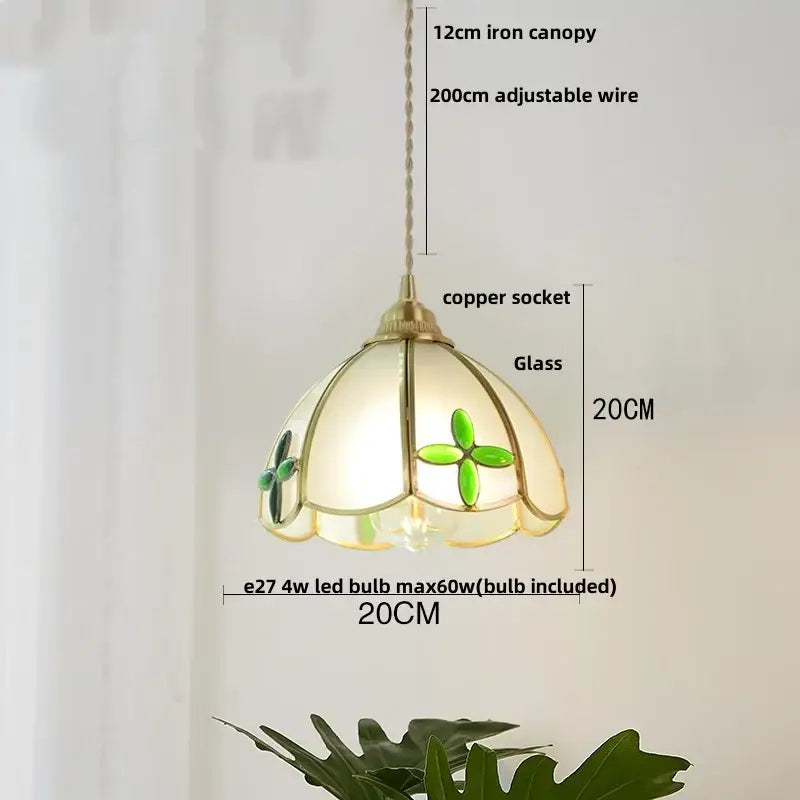 Vintage tiffany stained glass pendant lamp with brass vintage glass socket and green clover panels for kitchen decorbites brass vintage fixture