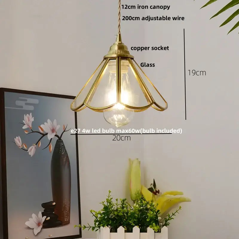 Vintage tiffany stained glass pendant lamp with decorbites brass vintage frame, clear glass shade, and adjustable wire