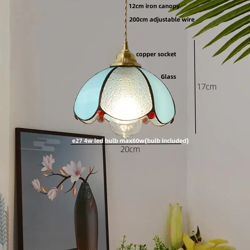 Delicate vintage tiffany stained glass pendant lamp with pale blue textured shade brass vintage glass decorbites brass vintage fixture