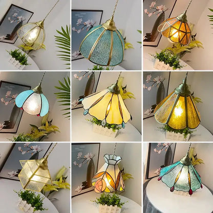 Vintage tiffany stained glass pendant lamp with brass vintage glass accents in teal yellow orange and blue for kitchen decorbites brass vintage fixture
