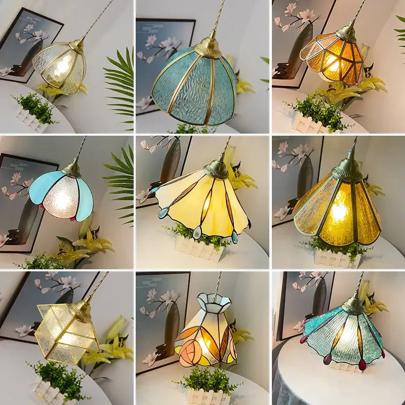 Vintage tiffany stained glass pendant lamp with brass vintage glass accents in teal yellow orange and blue for kitchen decorbites brass vintage fixture
