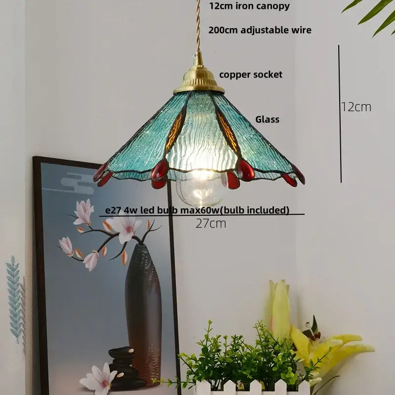 Teal and amber vintage tiffany stained glass pendant lamp with decorbites brass vintage fixture for kitchen lighting