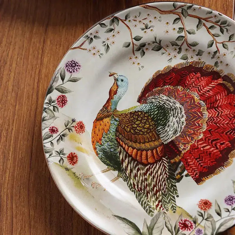 Vintage decorative ceramic plate featuring a vibrant turkey with multicolored feathers for western steak fruit use