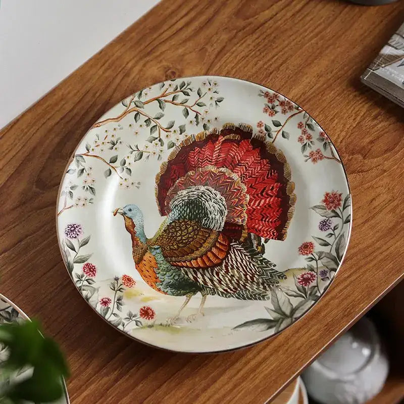 Vintage turkey ceramic western steak fruit dish with vibrant feathers and floral patterns on off-white background