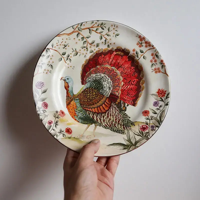 Vintage decorative ceramic western steak fruit plate with detailed turkey illustration and floral patterns on off-white background