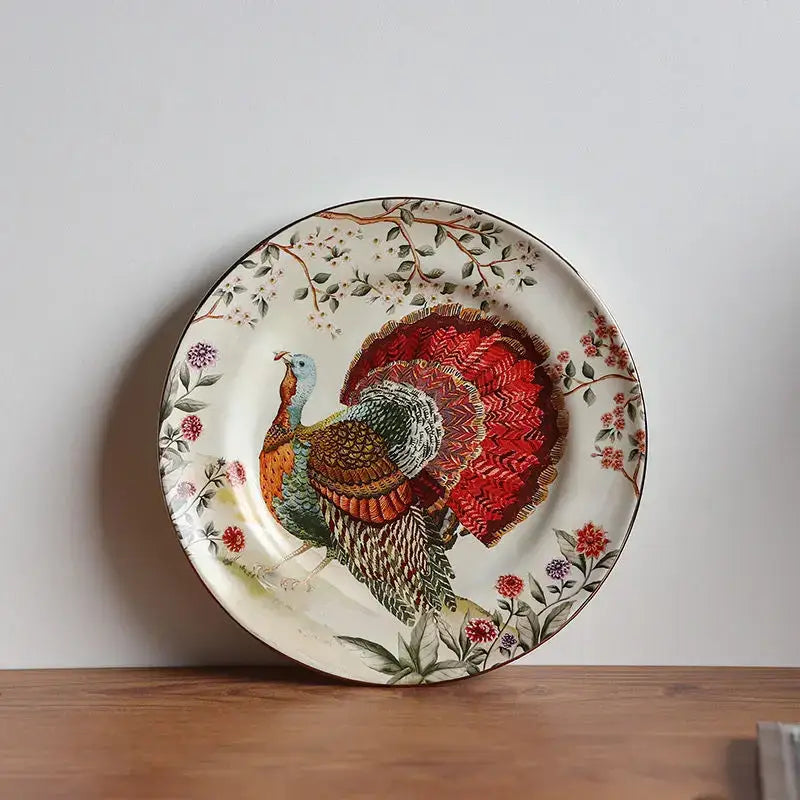 Vintage ceramic western steak fruit plate featuring a detailed turkey with red green and brown feathers on off-white background