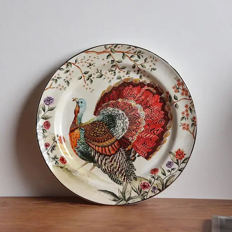 Vintage decorative ceramic western steak fruit plate featuring a detailed turkey with vibrant feathers and floral patterns