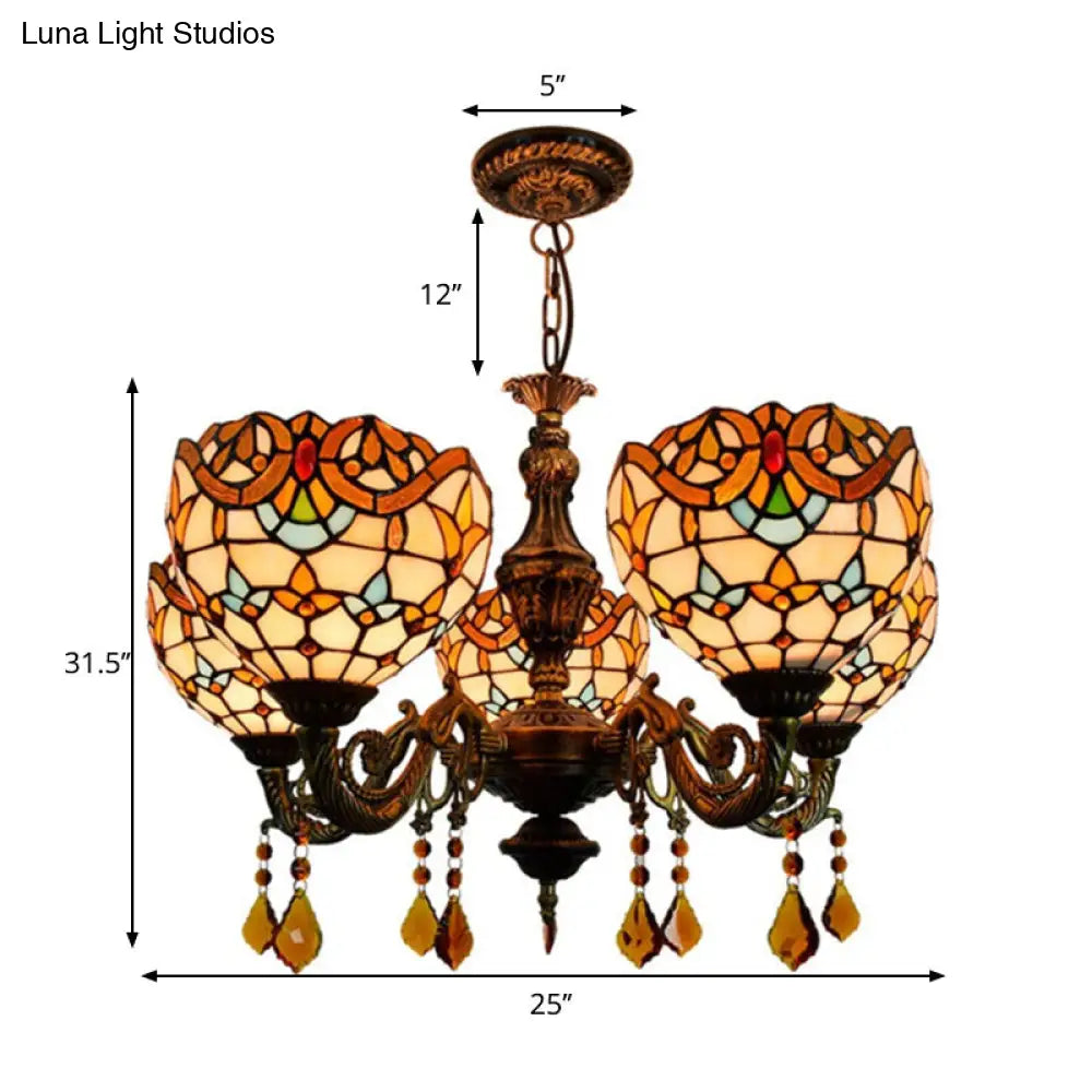 Vintage Victorian Stained Glass Chandelier with Crystal Accents and 5 Lights in Beige