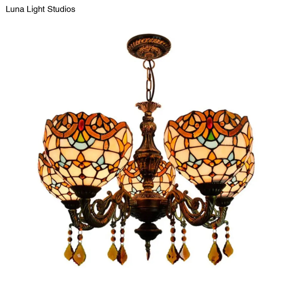 Vintage Victorian Stained Glass Chandelier with Crystal Accents and 5 Lights in Beige