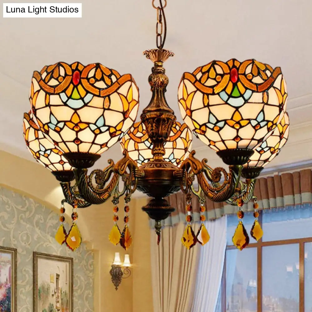 Vintage Victorian Stained Glass Chandelier with Crystal Accents and 5 Lights in Beige