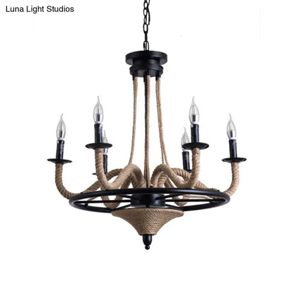 Vintage Wagon Wheel 6 Bulb Chandelier Pendant Light with Rope Detail - Black Metal Hanging Lamp
