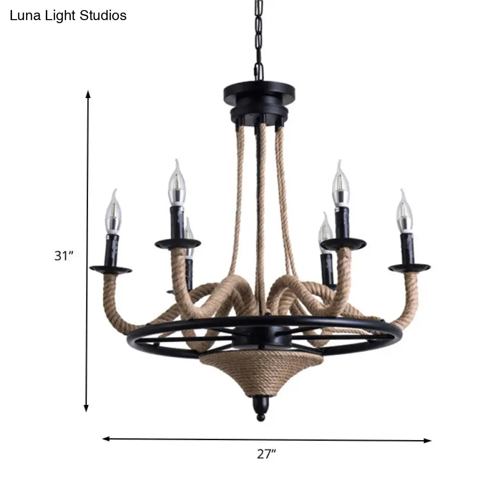 Vintage Wagon Wheel 6 Bulb Chandelier Pendant Light with Rope Detail - Black Metal Hanging Lamp