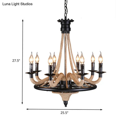 Vintage Wagon Wheel 6 Bulb Chandelier Pendant Light with Rope Detail - Black Metal Hanging Lamp