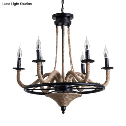 Vintage Wagon Wheel 6 Bulb Chandelier Pendant Light with Rope Detail - Black Metal Hanging Lamp
