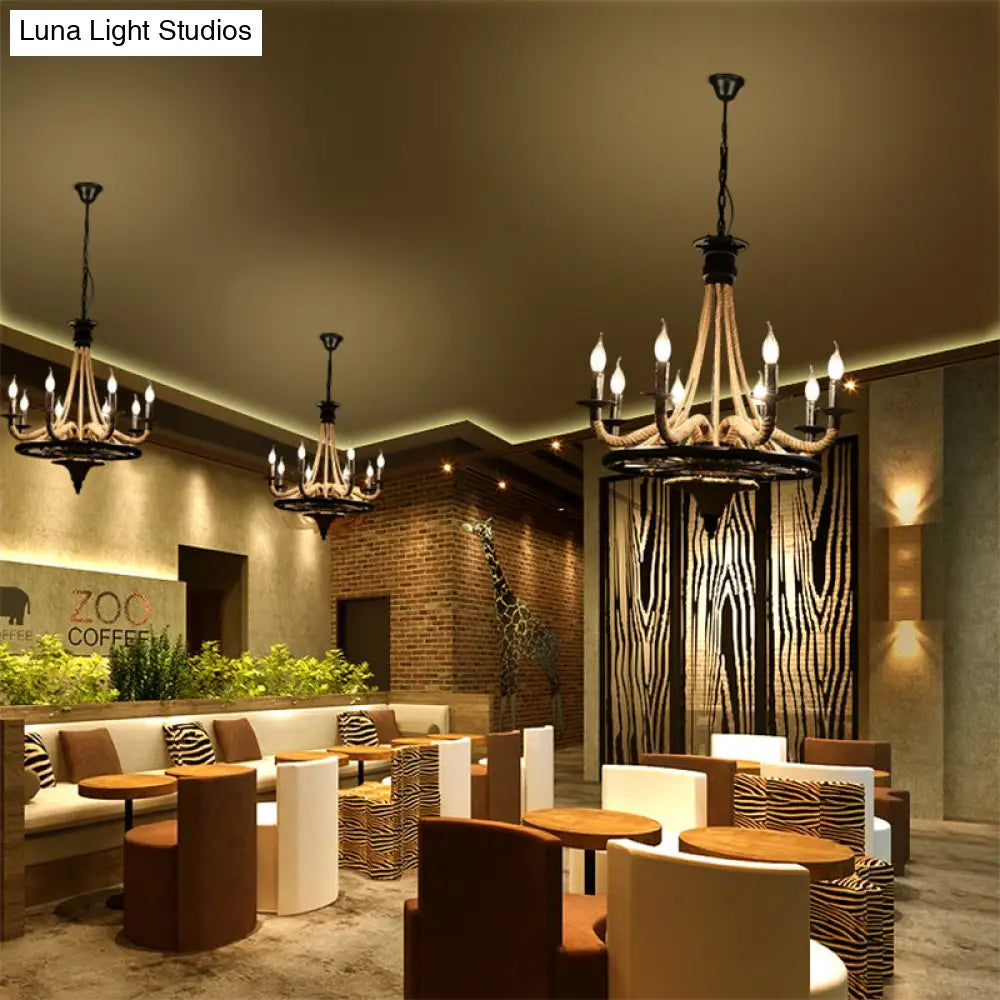 Vintage Wagon Wheel 6 Bulb Chandelier Pendant Light with Rope Detail - Black Metal Hanging Lamp