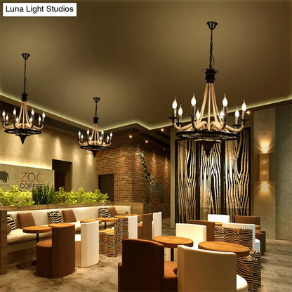 Vintage Wagon Wheel 6 Bulb Chandelier Pendant Light with Rope Detail - Black Metal Hanging Lamp