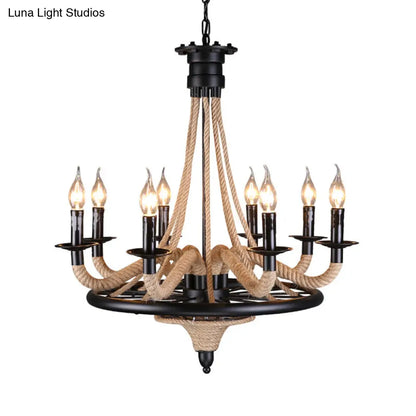 Vintage Wagon Wheel 6 Bulb Chandelier Pendant Light with Rope Detail - Black Metal Hanging Lamp