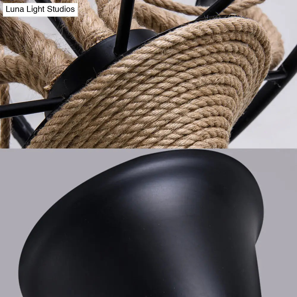 Vintage Wagon Wheel 6 Bulb Chandelier Pendant Light with Rope Detail - Black Metal Hanging Lamp