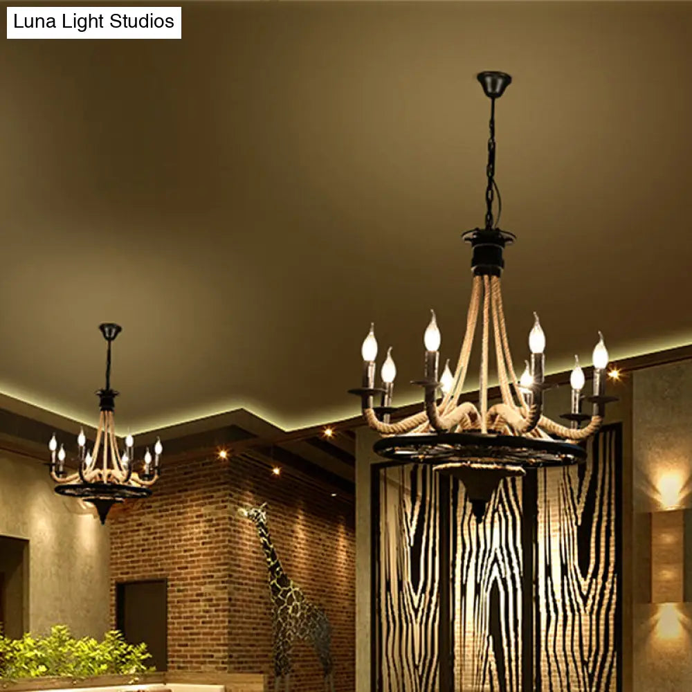 Vintage Wagon Wheel 6 Bulb Chandelier Pendant Light with Rope Detail - Black Metal Hanging Lamp