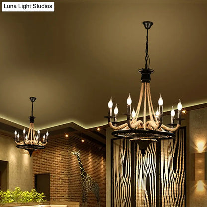 Vintage Wagon Wheel 6 Bulb Chandelier Pendant Light with Rope Detail - Black Metal Hanging Lamp