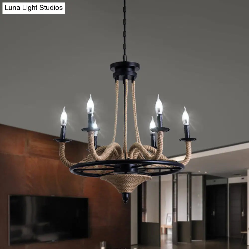 Vintage Wagon Wheel 6 Bulb Chandelier Pendant Light with Rope Detail - Black Metal Hanging Lamp