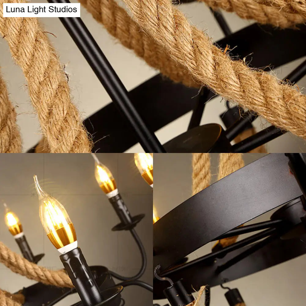 Vintage Wagon Wheel 6 Bulb Chandelier Pendant Light with Rope Detail - Black Metal Hanging Lamp
