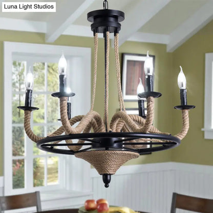 Vintage Wagon Wheel 6 Bulb Chandelier Pendant Light with Rope Detail - Black Metal Hanging Lamp