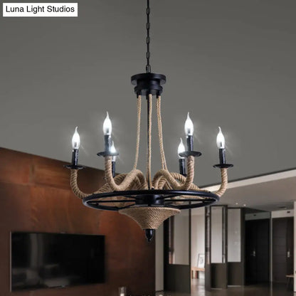 Vintage Wagon Wheel 6 Bulb Chandelier Pendant Light with Rope Detail - Black Metal Hanging Lamp
