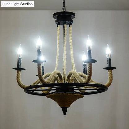 Vintage Wagon Wheel 6 Bulb Chandelier Pendant Light with Rope Detail - Black Metal Hanging Lamp