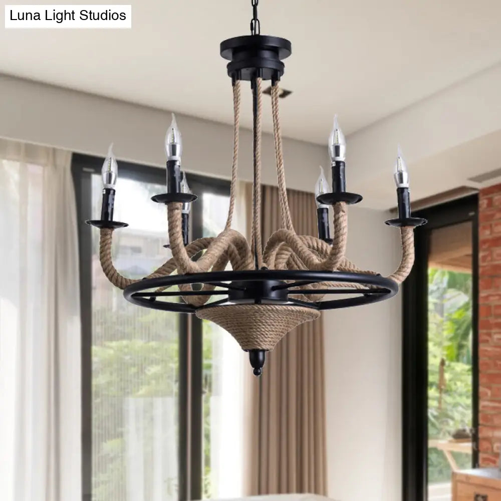 Vintage Wagon Wheel 6 Bulb Chandelier Pendant Light with Rope Detail - Black Metal Hanging Lamp